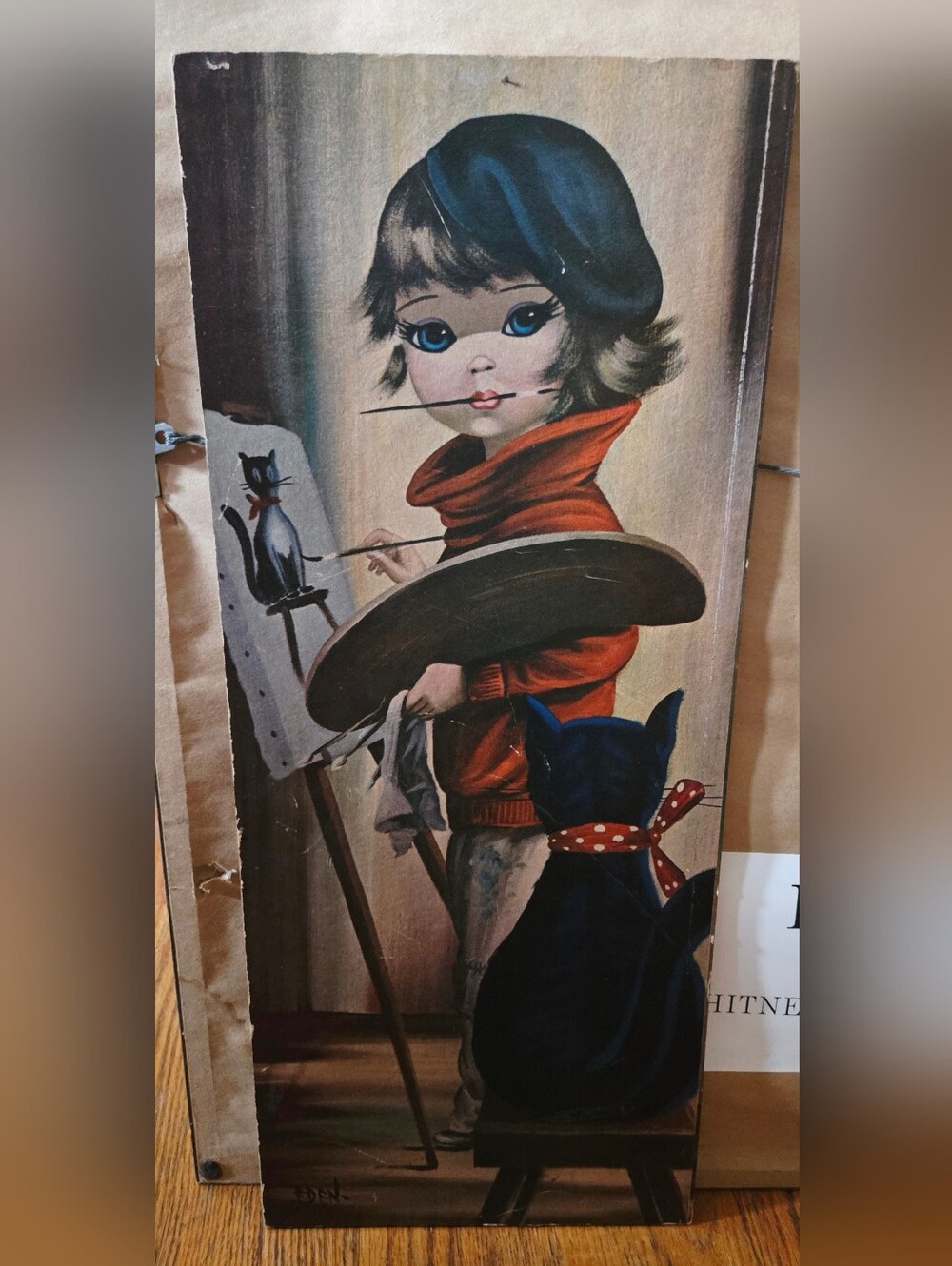 VERY RARE Vintage Eden 1960s Wall Art Decor Big Eyed Girl with Black Cat Kitschy